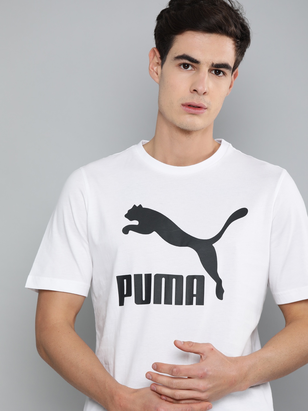 

Puma Men White Black Pure Cotton Classics Brand Logo Print Sustainable Pure Cotton T-shirt