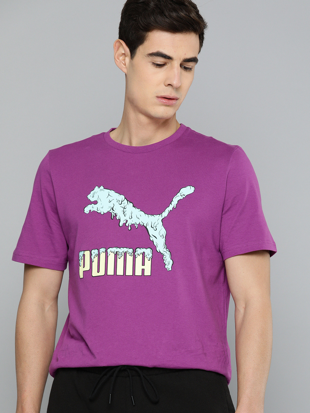 

Puma Men Purple Printed Logo Play Round Neck Pure Cotton T-shirt
