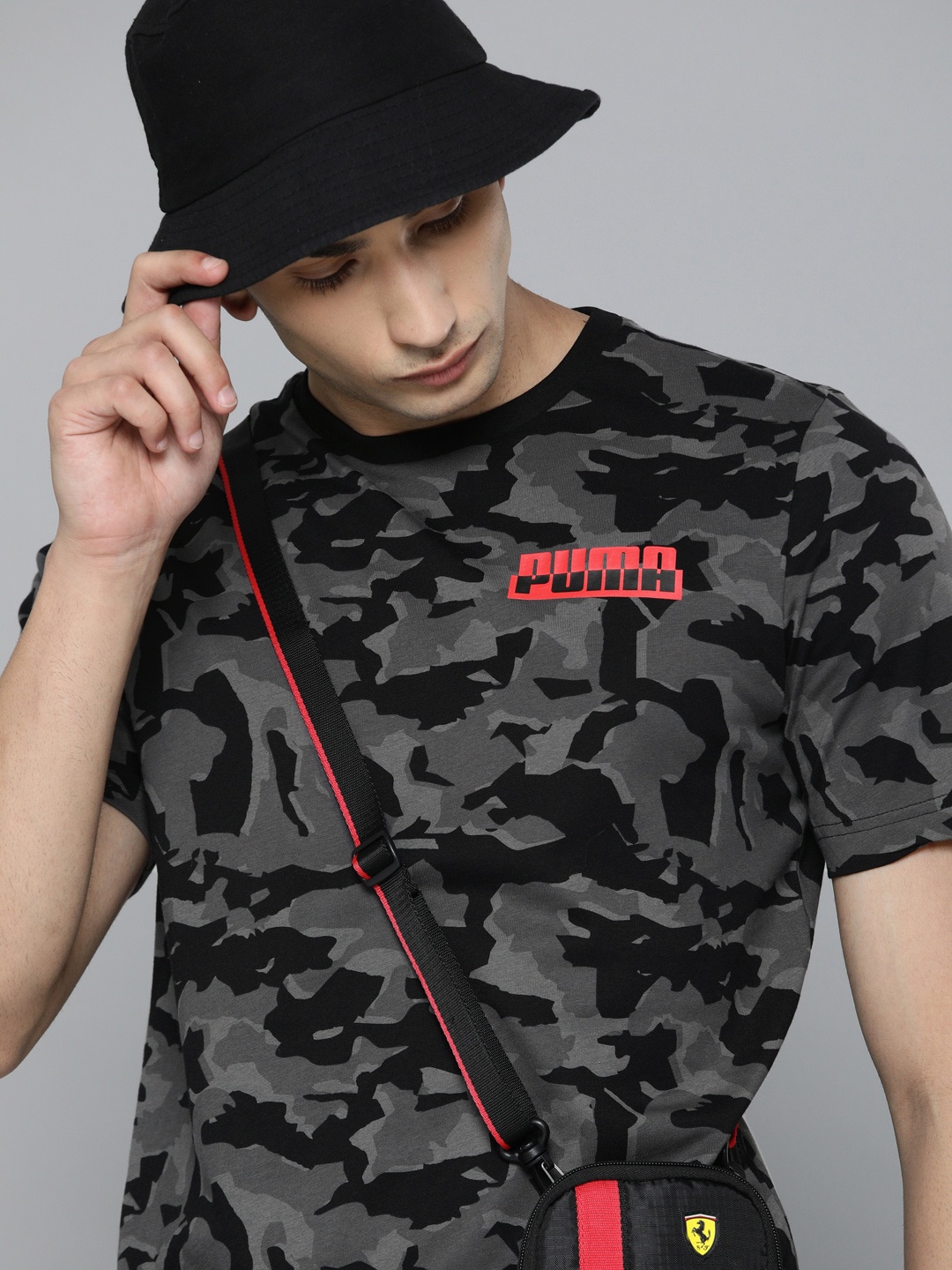 

Puma Men Black Grey Camouflage Printed CORE AOP Round Neck Pure Cotton T-shirt