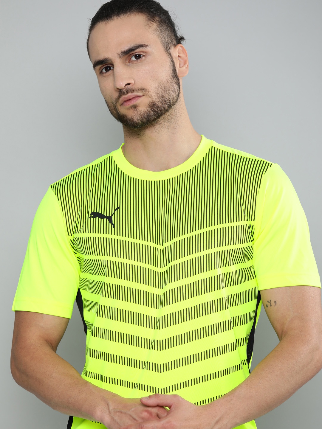 

Puma Men Fluorescent Green ftblPLAY Graphic Striped Round Neck T-shirt