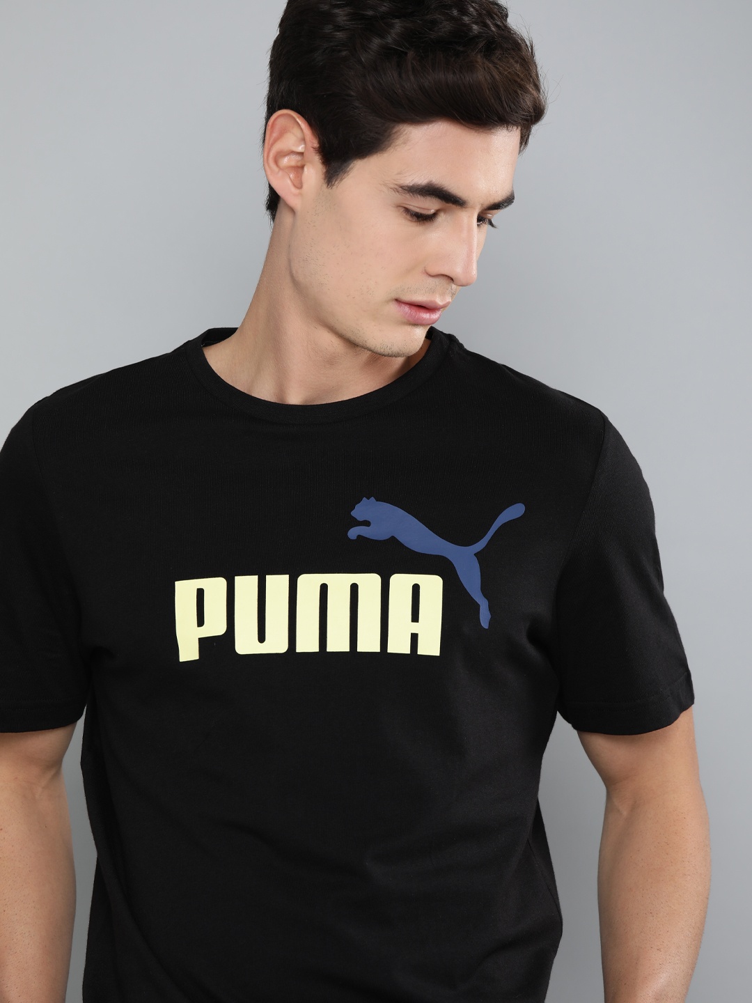

Puma Men Black White Pure Cotton ESS+ 2 Col Brand Logo Print Round Neck Pure Cotton T-shirt