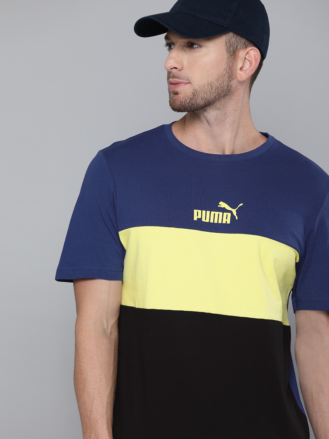 

Puma Men Navy Blue & Black ESS+ Colourblocked Round Neck T-shirt