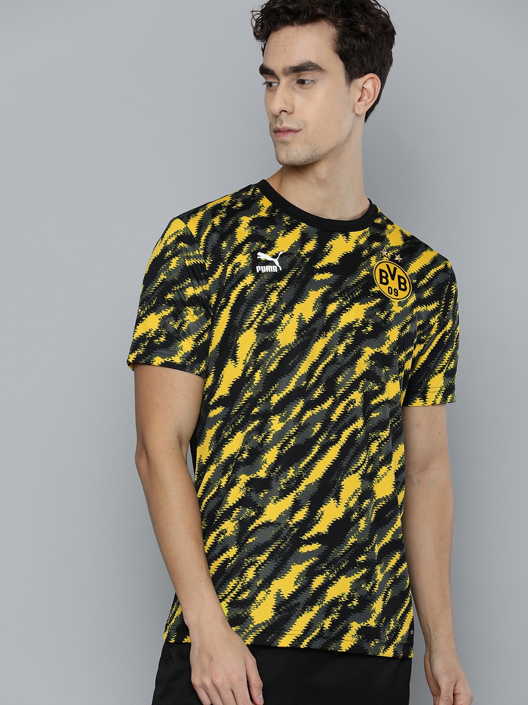 

Puma Men Black & Yellow BVB Iconic MCS Graphic Round Neck Football T-shirt