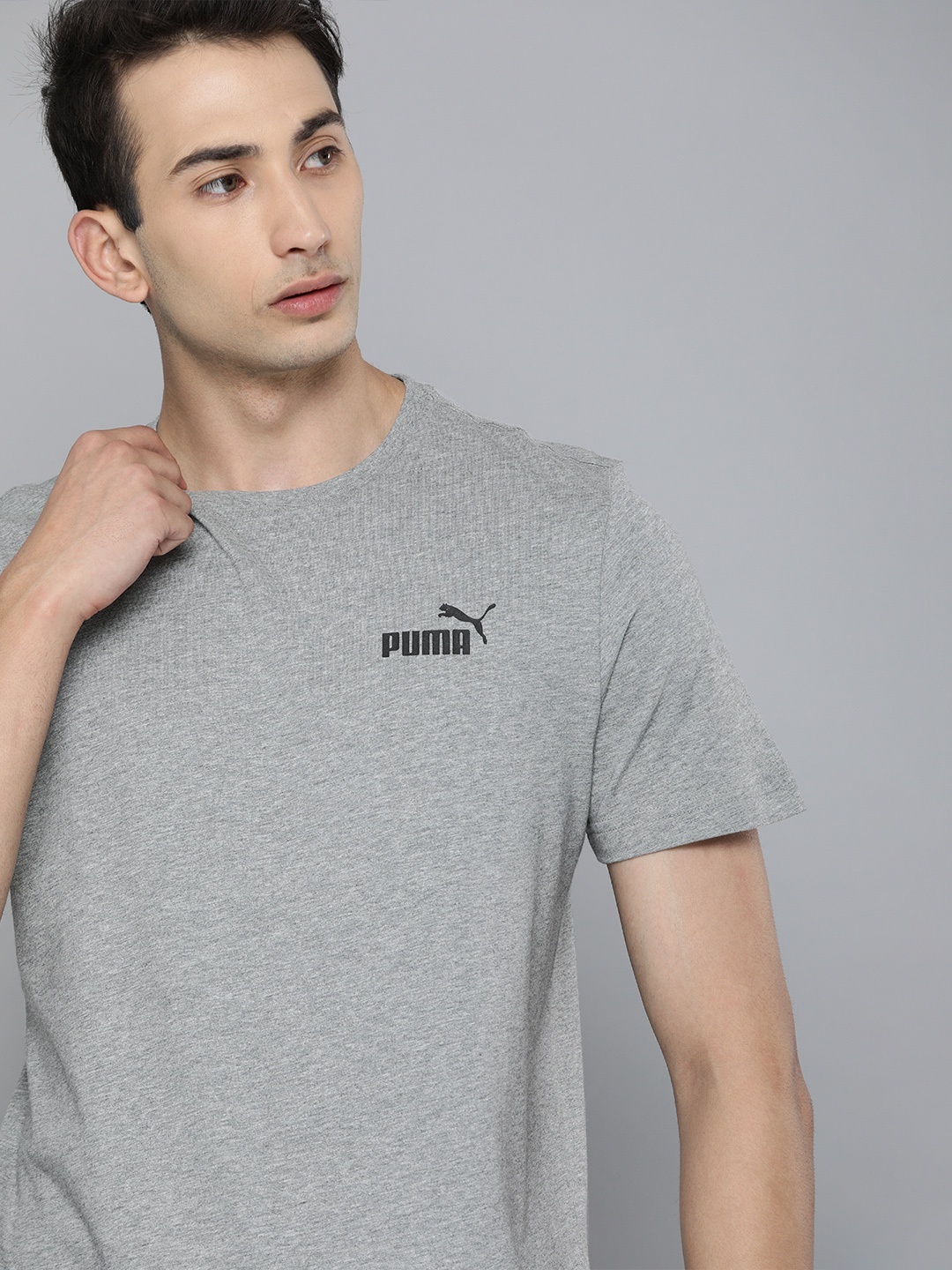 

Puma Men Grey Printed ESS Small Logo Round Neck Pure Cotton T-shirt