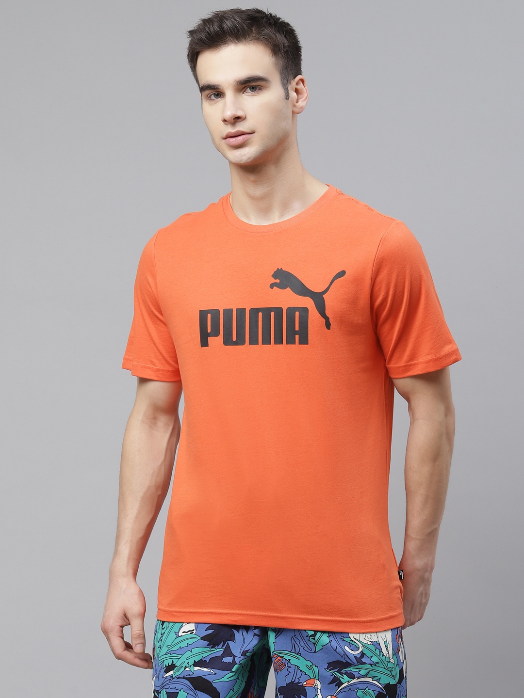 

Puma Men Orange Black Essentials Brand Logo Print Cotton Round Neck Pure Cotton T-shirt