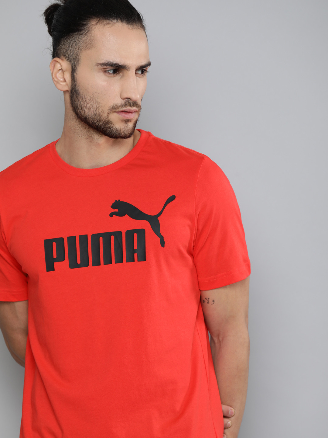 

Puma Men Red Black Pure Cotton ESS Brand Logo Printed Round Neck Pure Cotton T-shirt