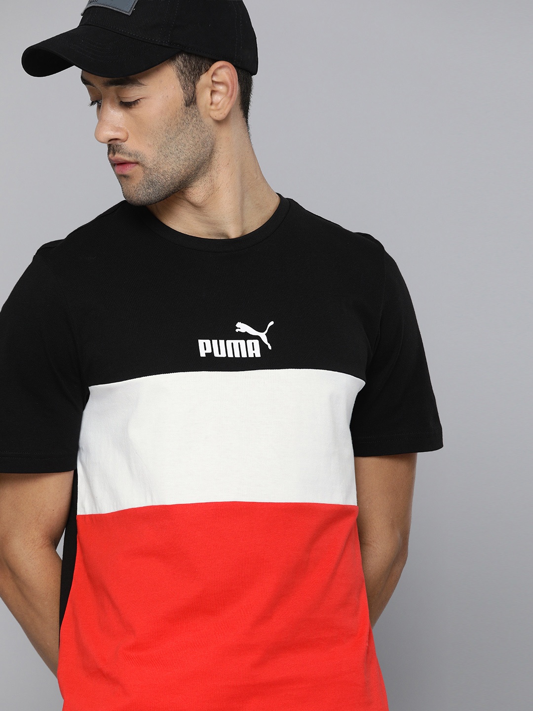 

Puma Men Black Red ESS+ Colourblocked Round Neck Pure Cotton T-shirt