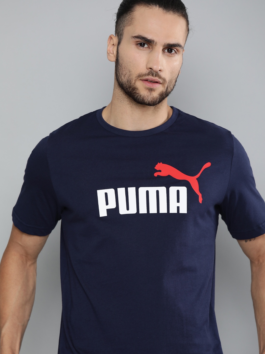 

Puma Men Navy Blue ESS+ 2 Col Logo Printed Round Neck Pure Cotton T-shirt