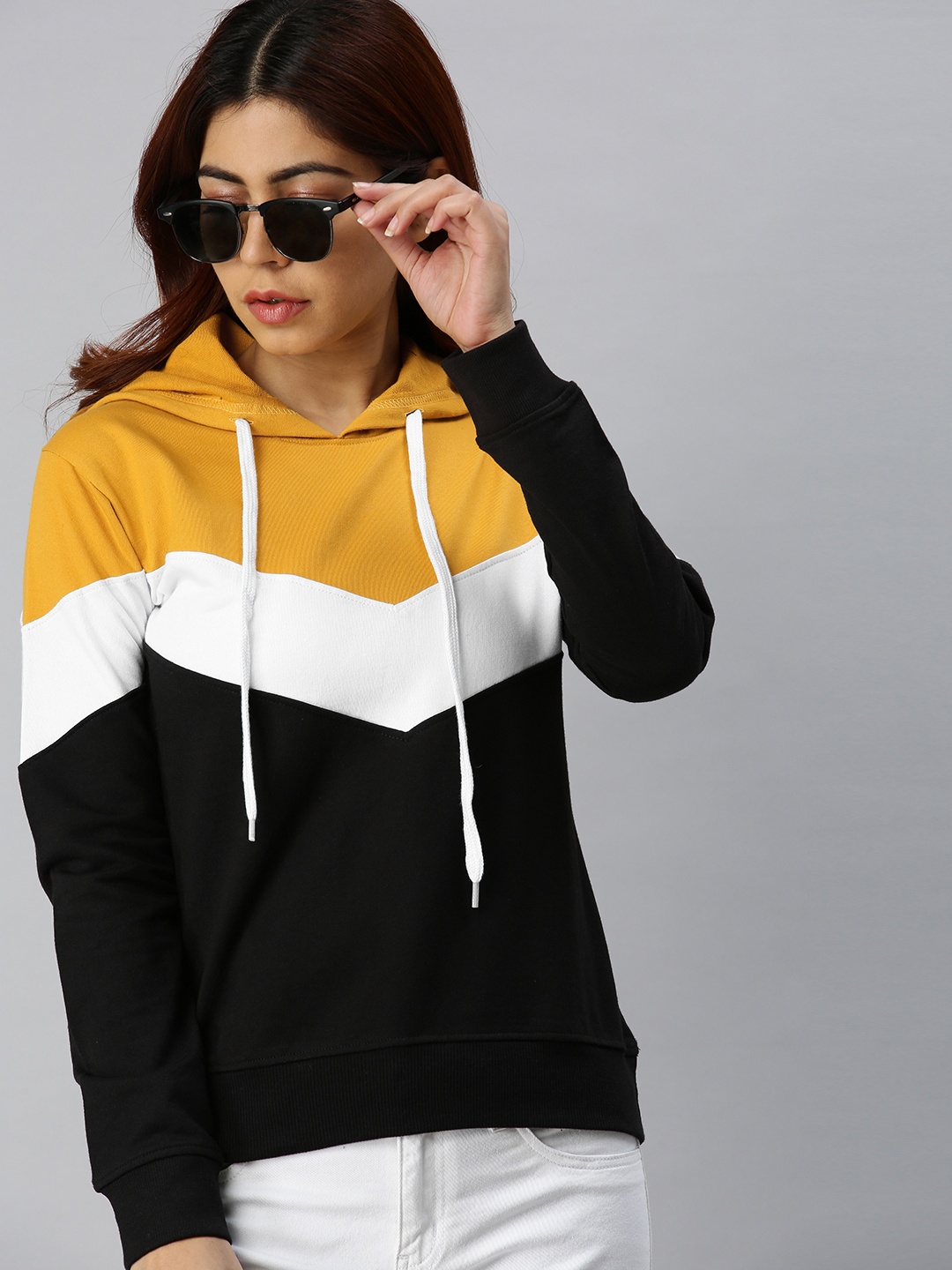 

JUNEBERRY Women Black & Mustard Yellow Colourblocked Hooded Sweatshirt