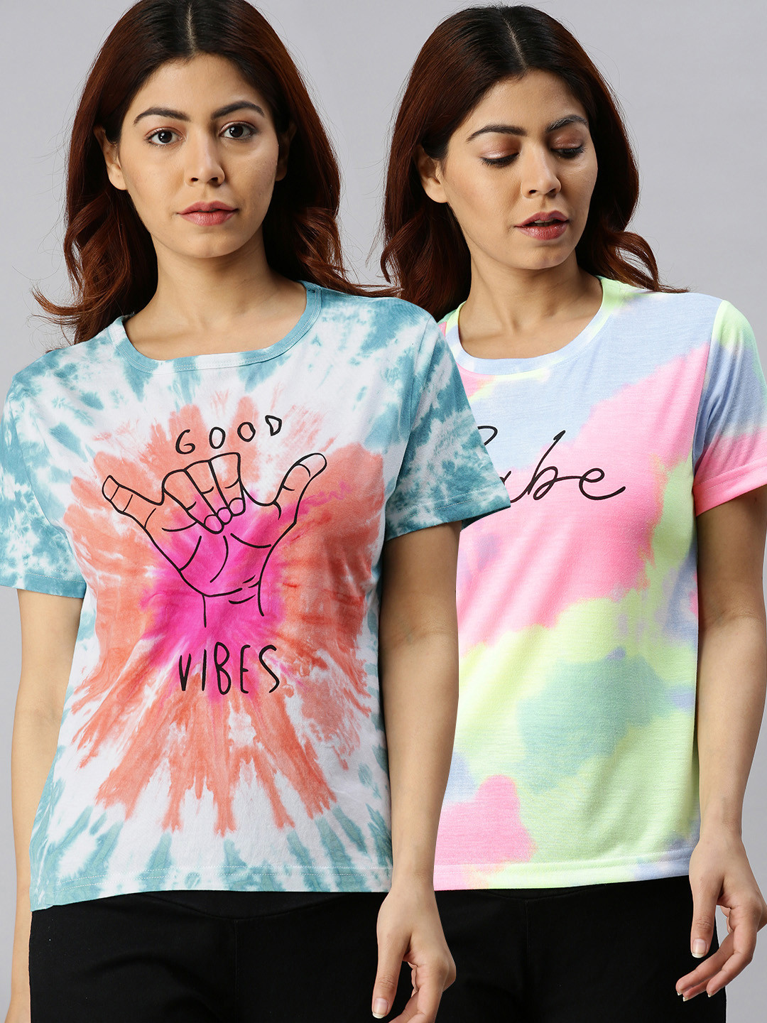 

JUNEBERRY Women Pack Of 2 Dyed Cotton Round Neck T-shirts, Blue