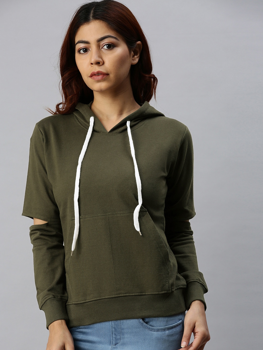 

JUNEBERRY Women Olive Green Cotton Solid Hooded Sweatshirt