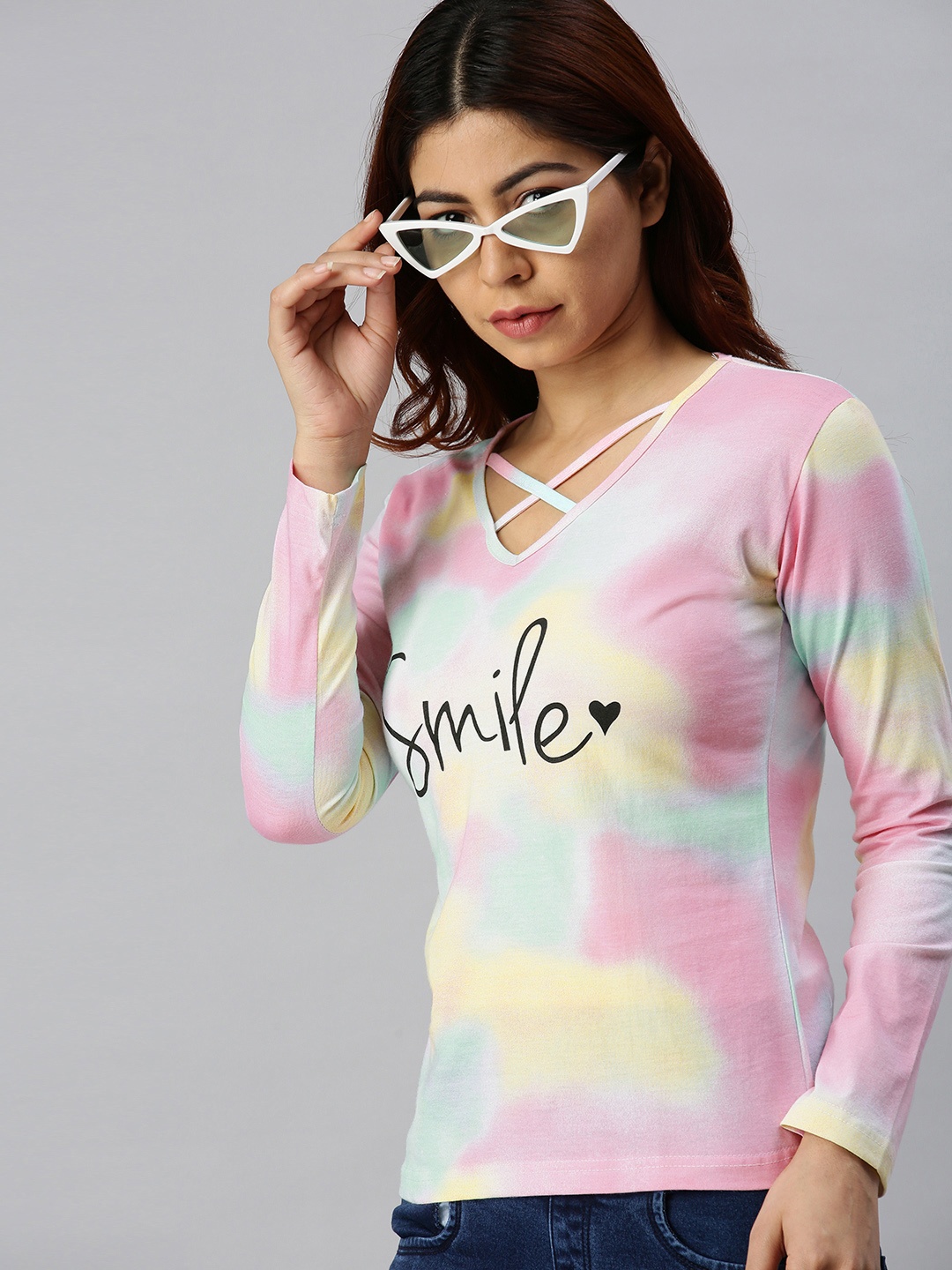 

JUNEBERRY Women Multicoloured Dyed V-Neck T-shirt, Multi