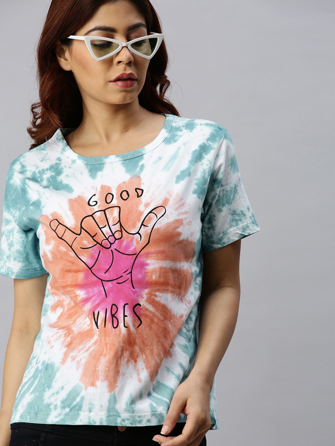 

JUNEBERRY Women Multicoloured Dyed Round Neck T-shirt, Multi