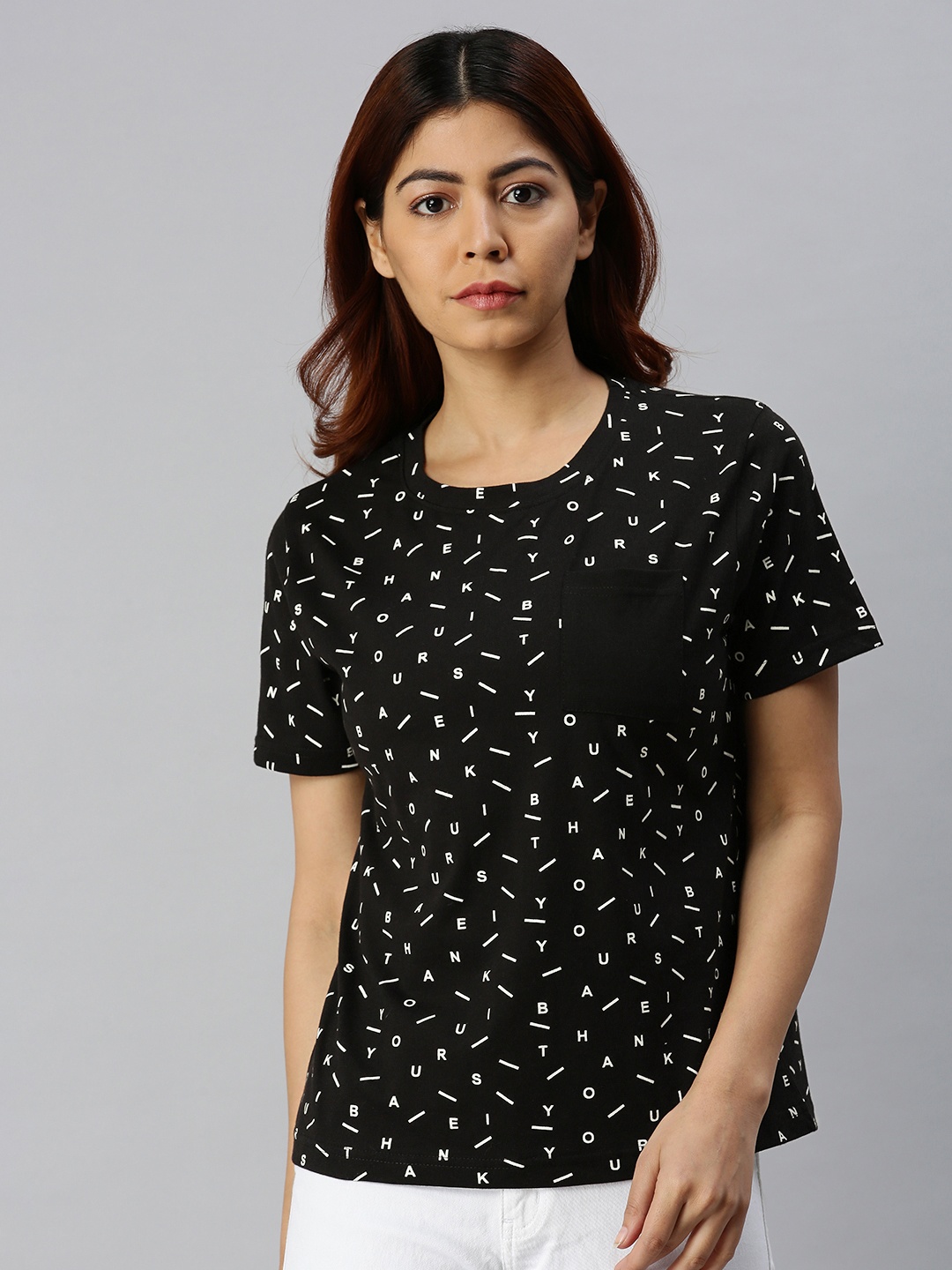 

JUNEBERRY Women Black & White Cotton Printed Round Neck T-shirt