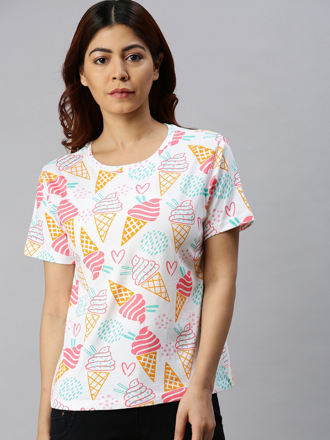 

JUNEBERRY Women White & Pink Cotton Ice-Cream Printed Round Neck T-shirt