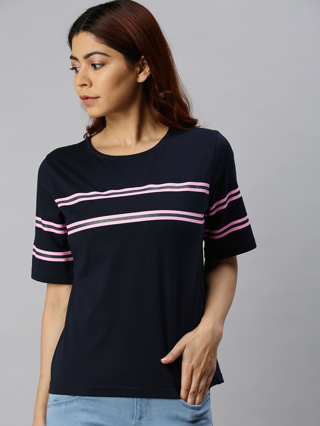 

JUNEBERRY Women Navy Blue & Pink Striped Pure Cotton Round Neck T-shirt