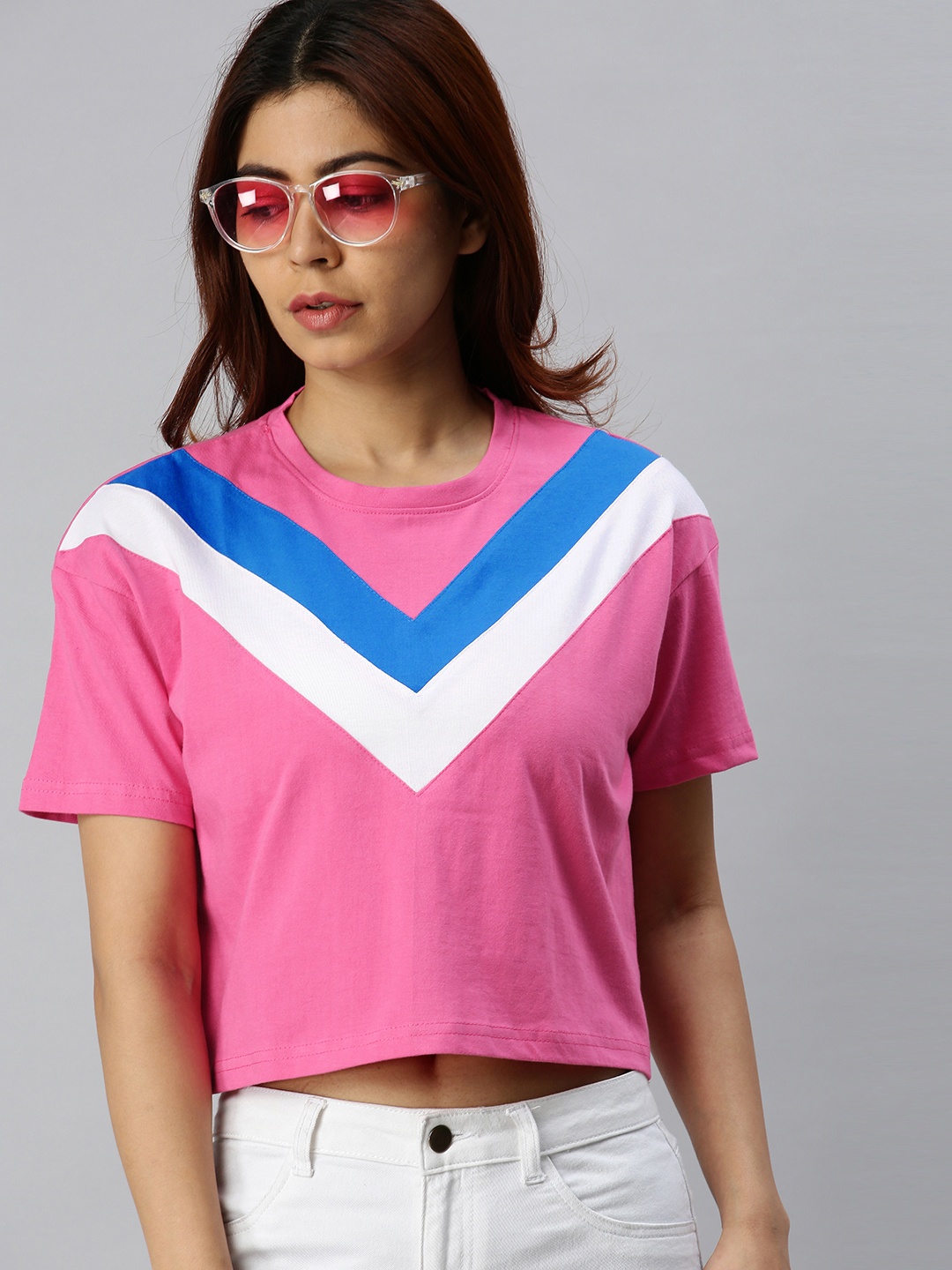 

JUNEBERRY Women Pink Colourblocked Round Neck Cropped T-shirt