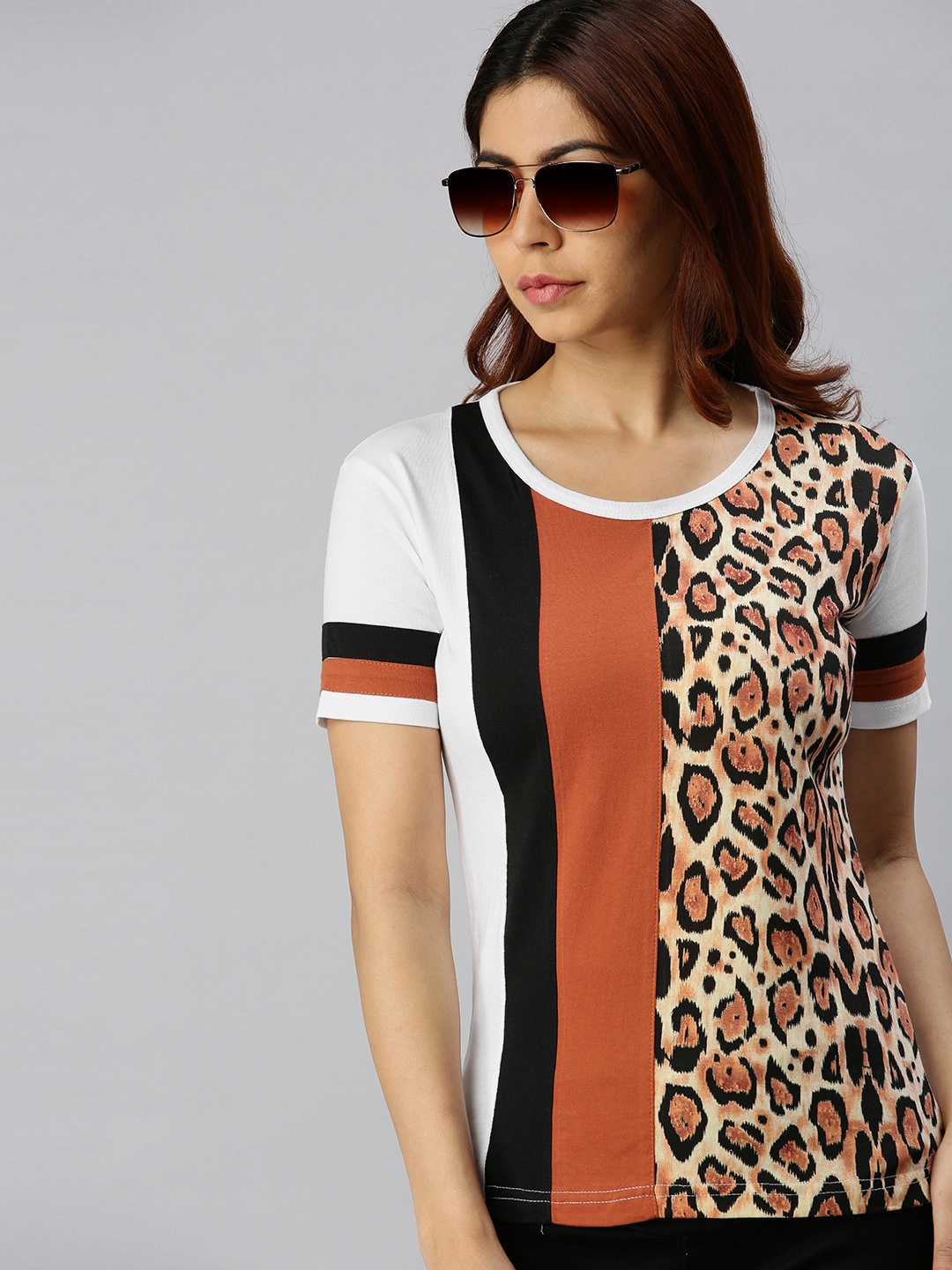 JUNEBERRY Women Rust Brown & White Cotton Animal Print Round Neck T-shirt