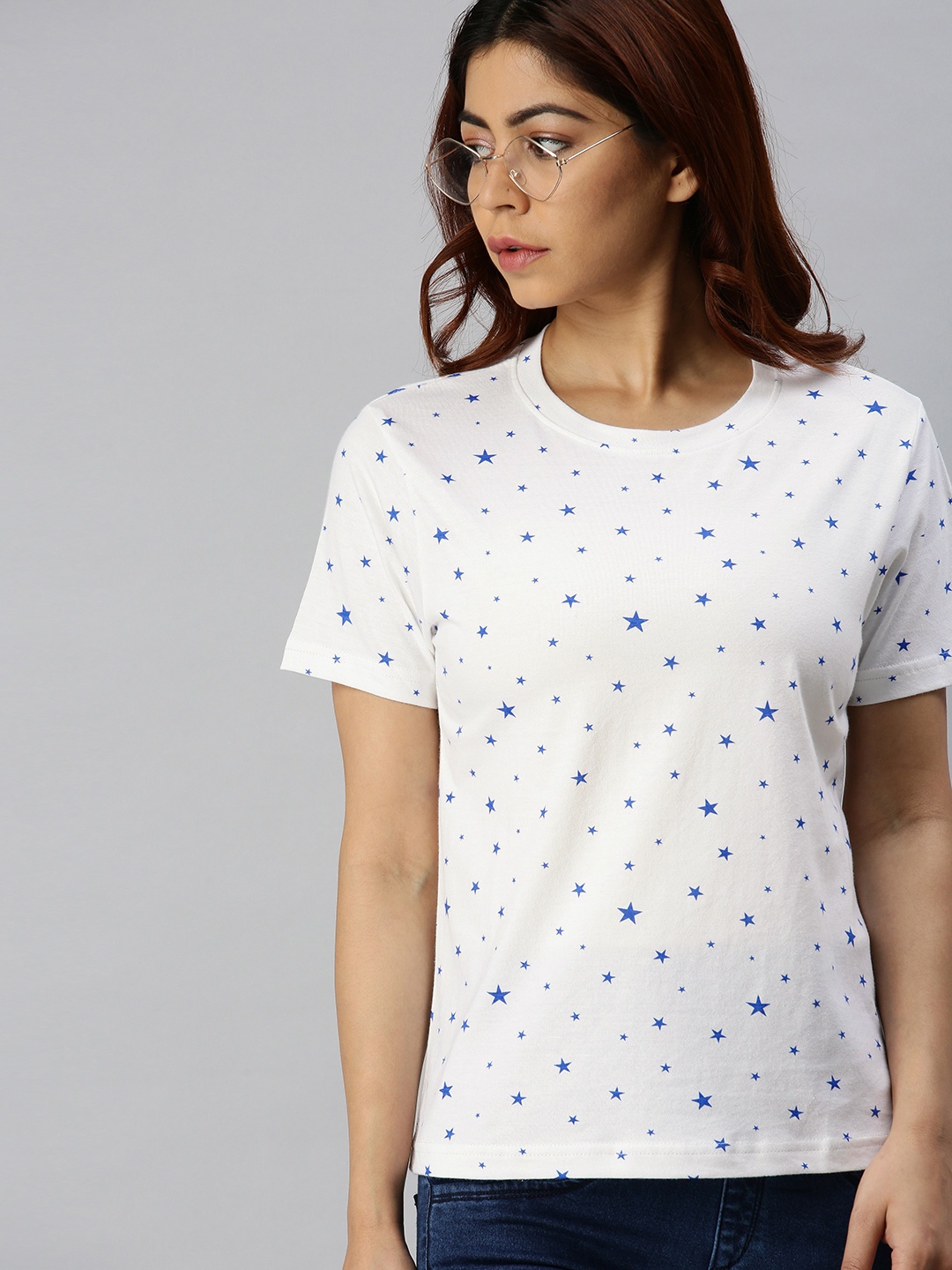 

JUNEBERRY Women White Printed Round Neck T-shirt