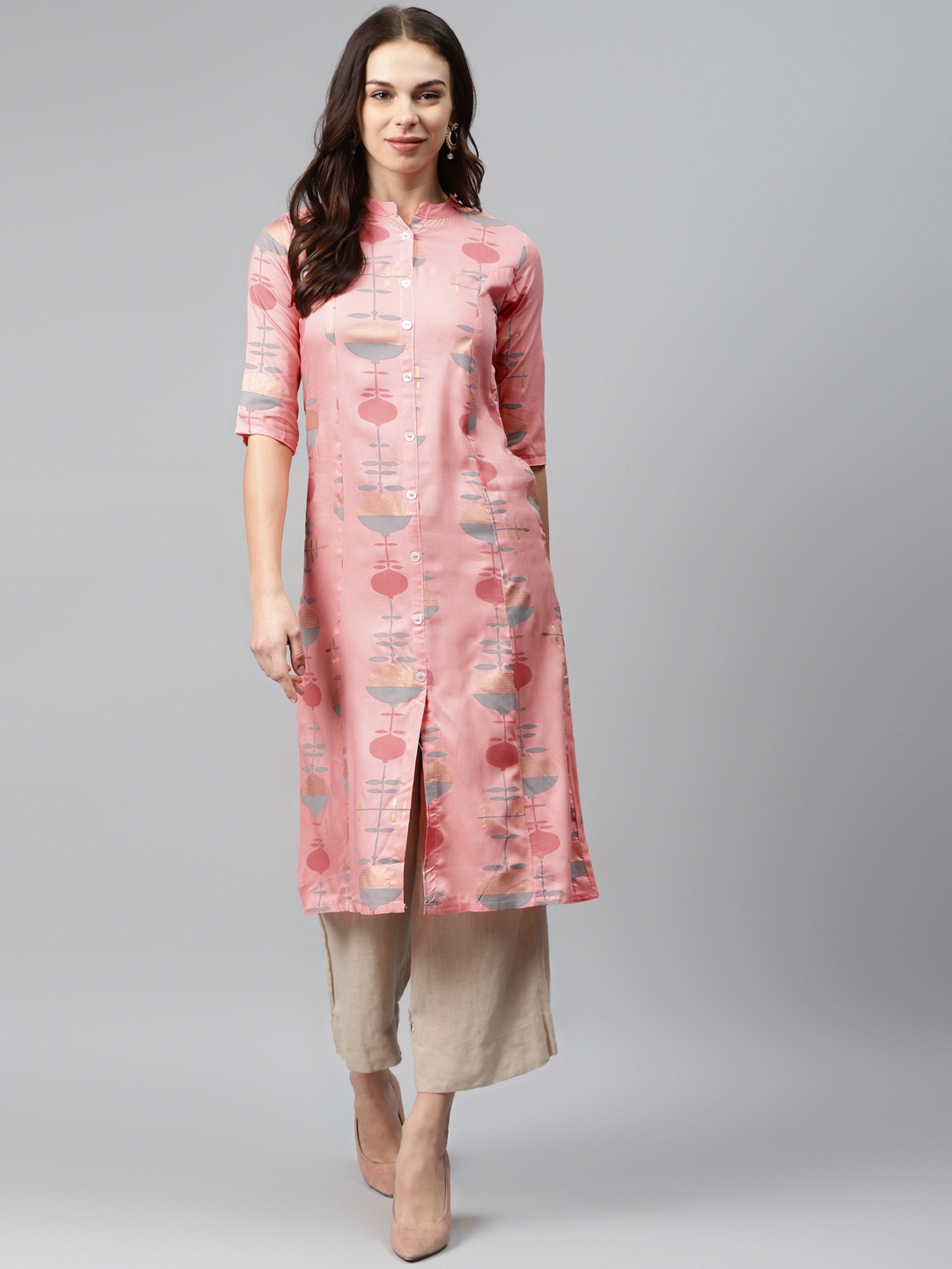 

Anubhutee Women Pink & Grey Printed A-Line Kurta