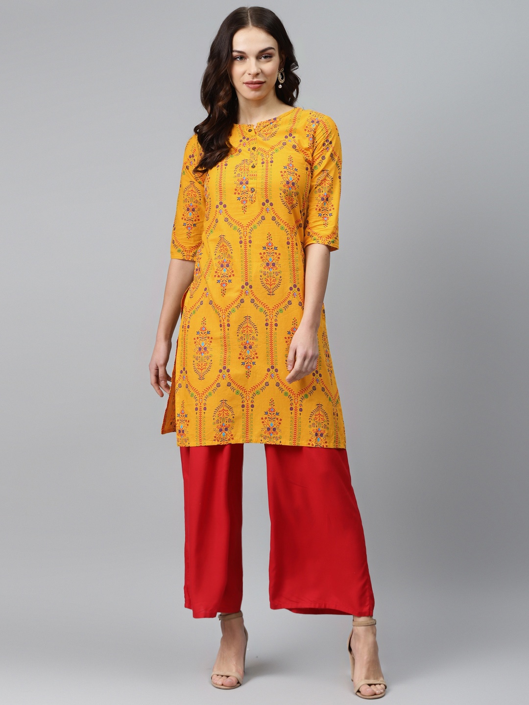 

Anubhutee Women Mustard Yellow & Red Printed Pure Cotton Straight Kurta