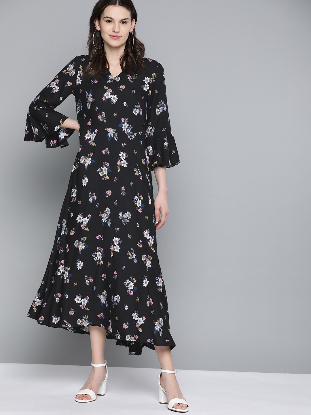 

HERE&NOW Women Black & White Floral Print Midi A-Line Dress