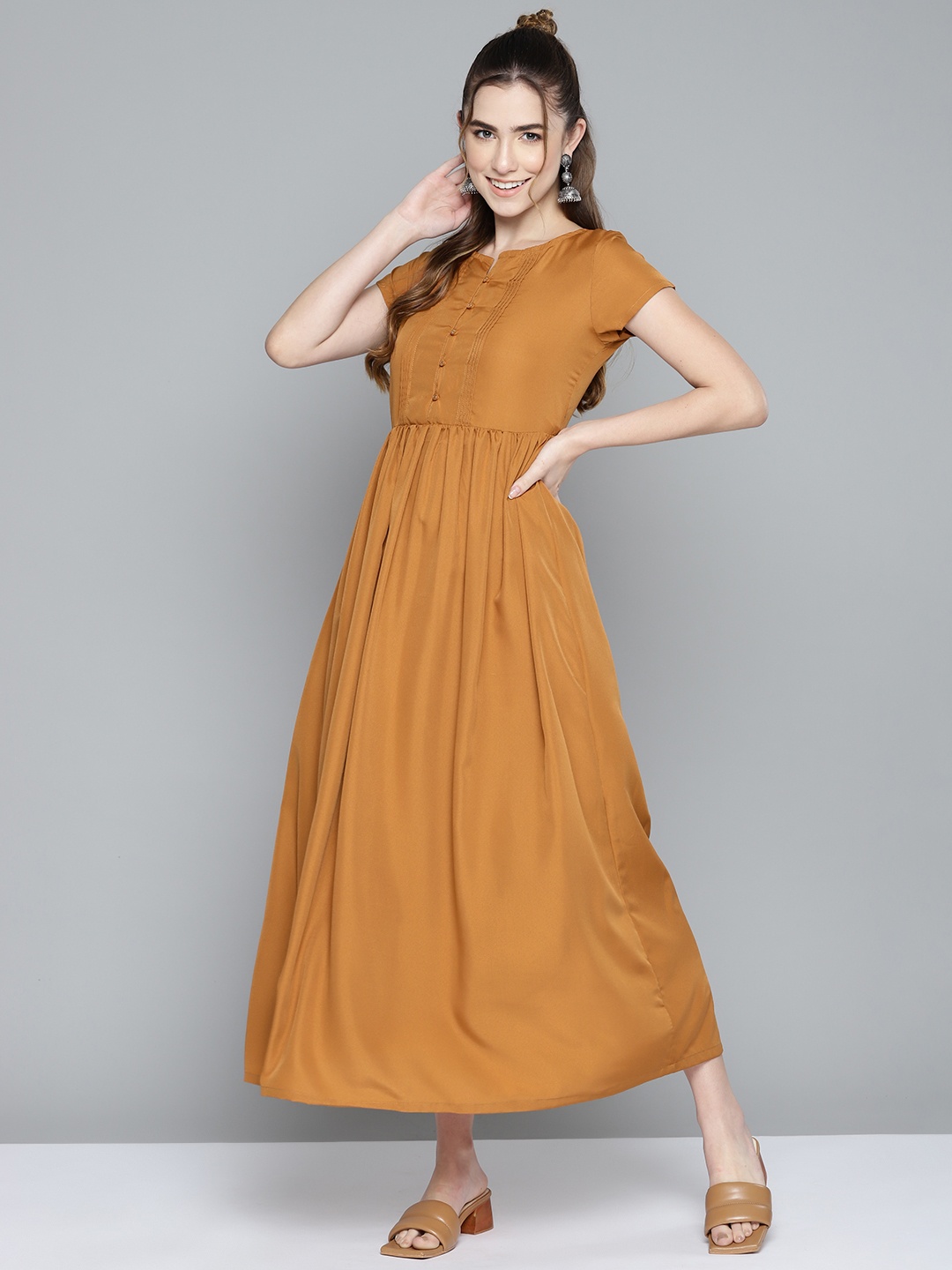 

HERE&NOW Women Brown Solid Maxi A-Line Dress