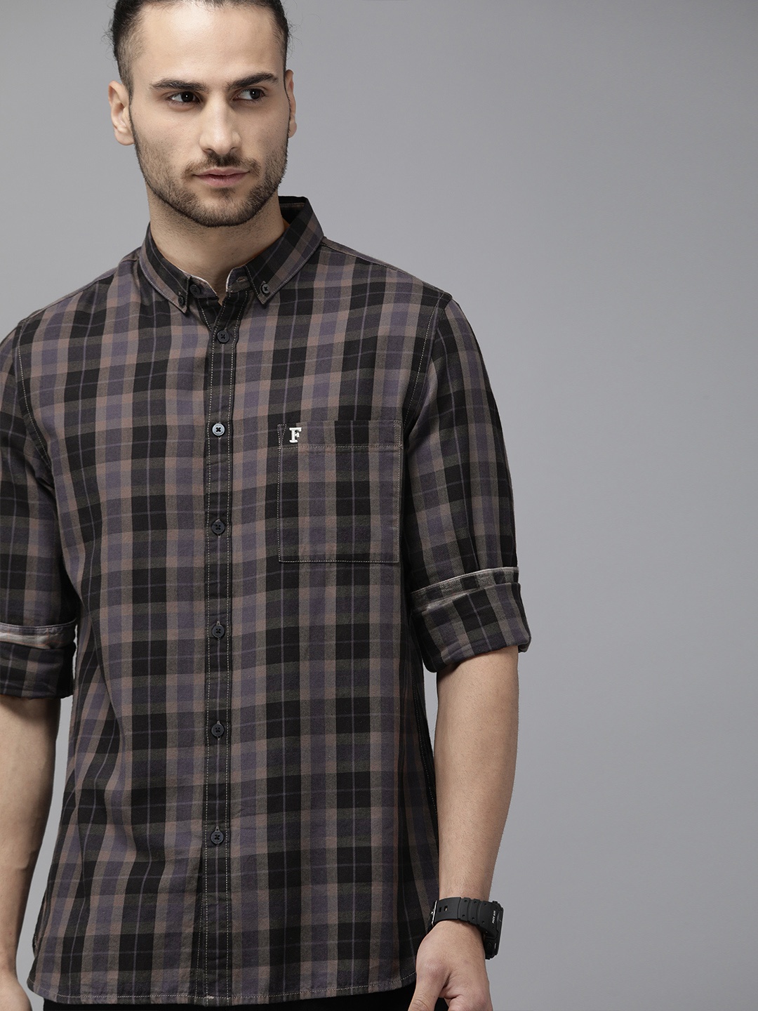

French Connection Men Black & Taupe Pure Cotton Slim Fit Checked Casual Shirt