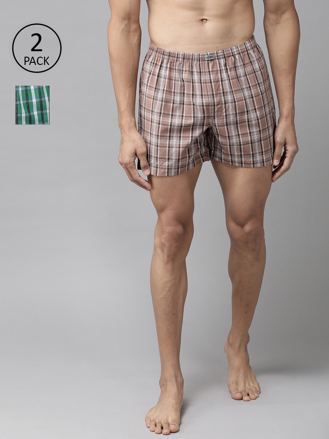 

The Roadster Lifestyle Co Men Pack Of 2 Pure Cotton Checked Boxers, Brown