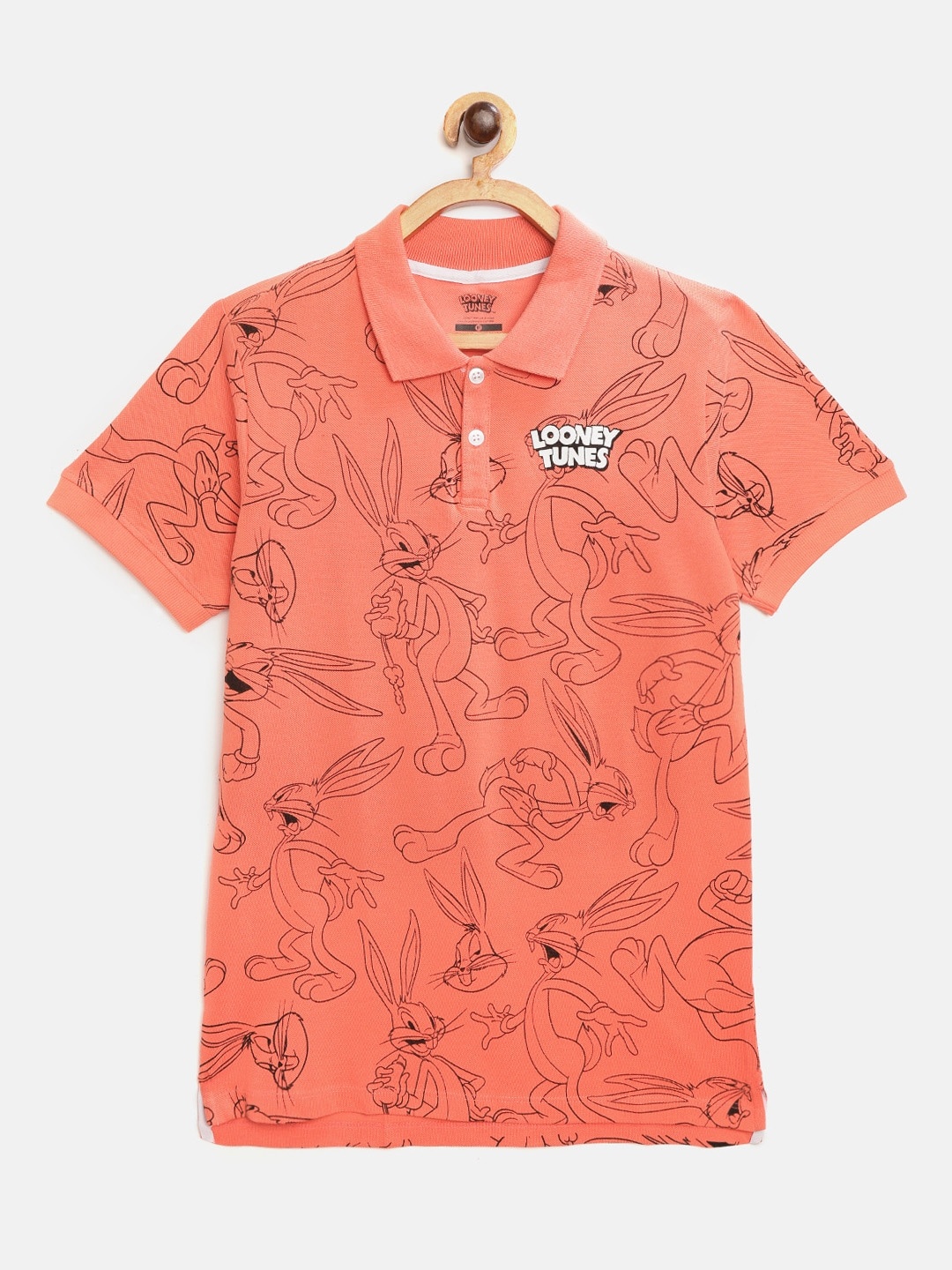 

YK Warner Bros Boys Orange & Black Bugs Bunny Print Cotton Polo Collar T-shirt