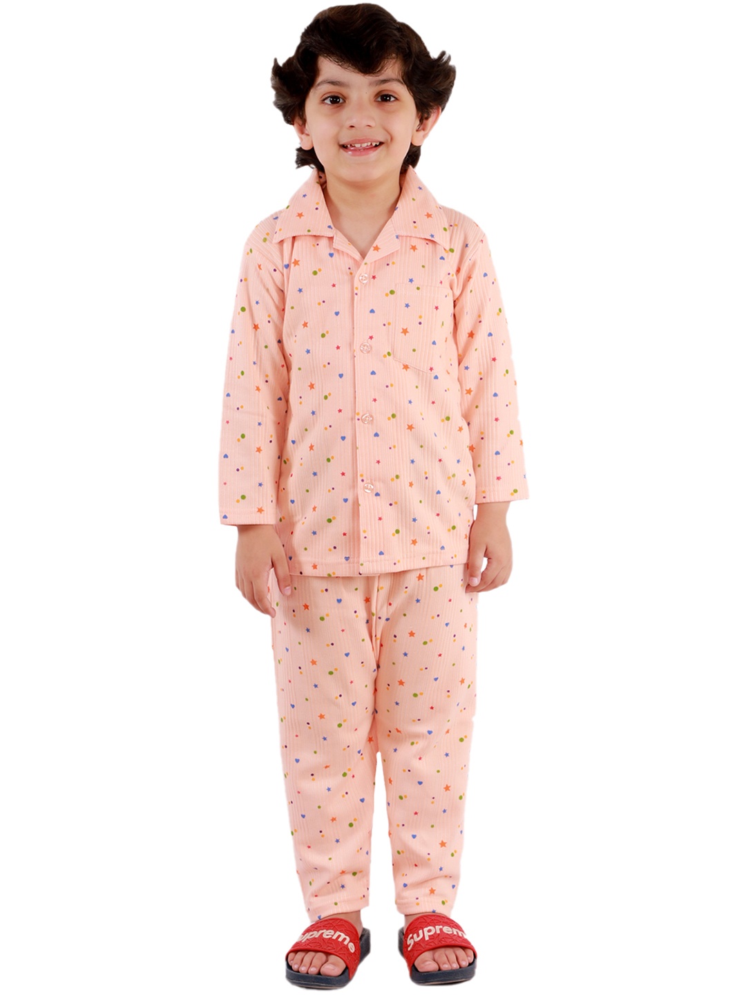 

Superminis Unisex Kids Peach-Coloured & Blue Printed Night suit