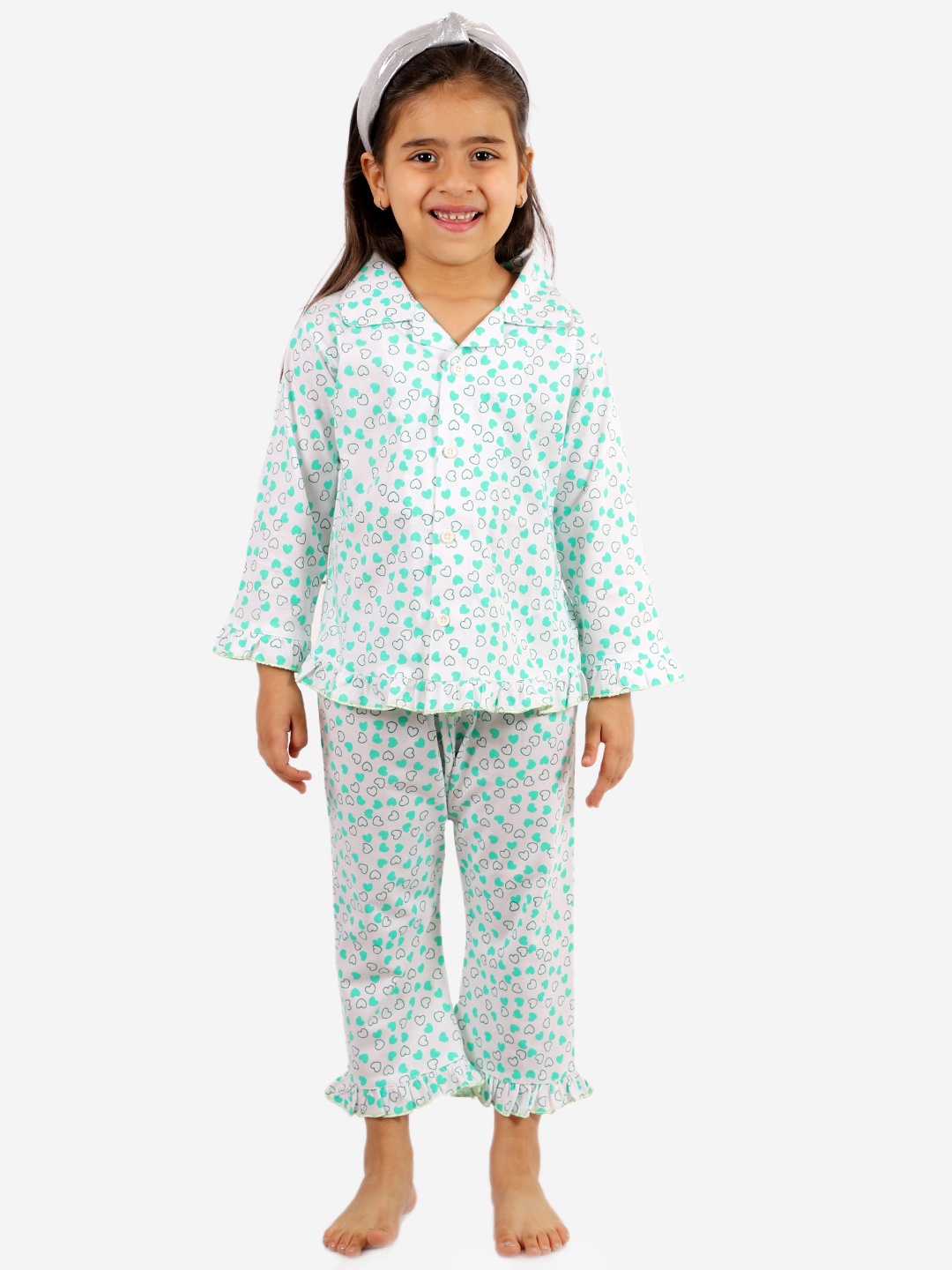 

Superminis Girls Green & White Printed Night suit