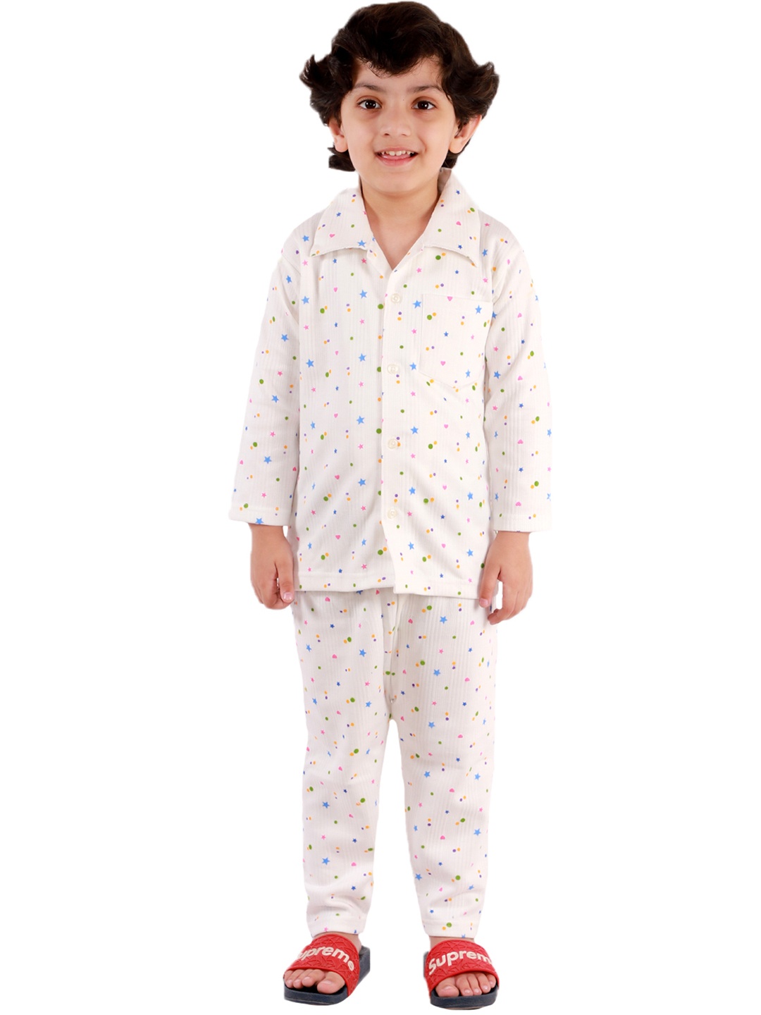 

Superminis Unisex Kids White & Blue Printed Night Suit