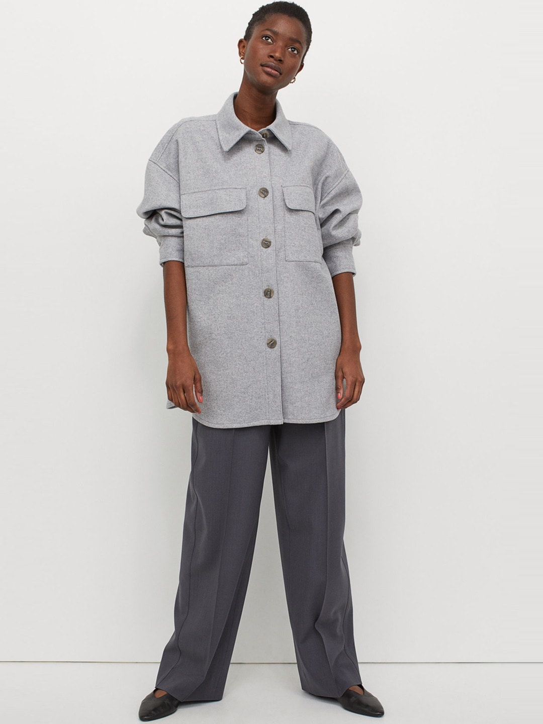 

H&M Women Grey Solid Shirt Jacket