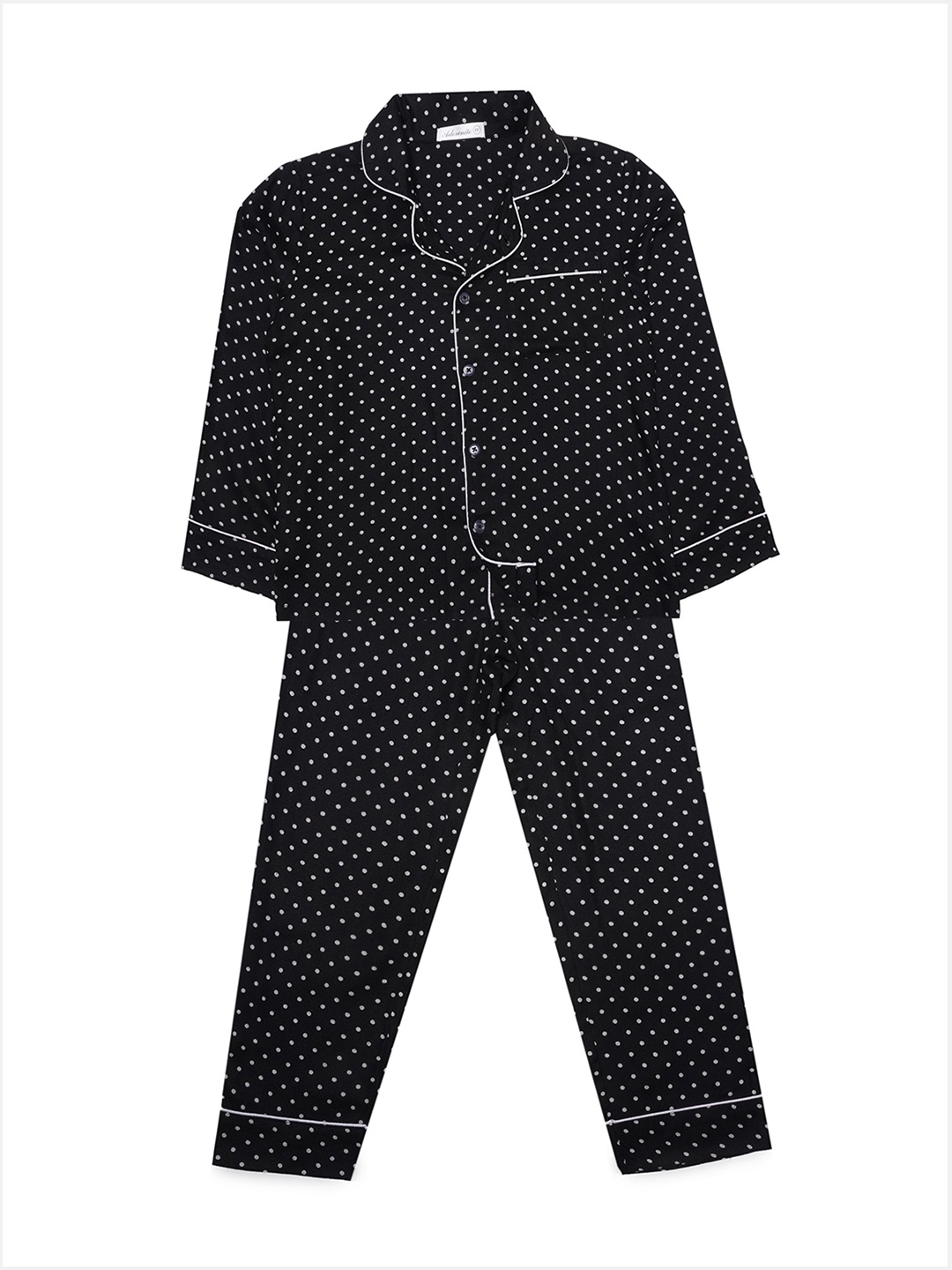 

ADORENITE Unisex Kids Black & White Polka Dot Printed Night Suit
