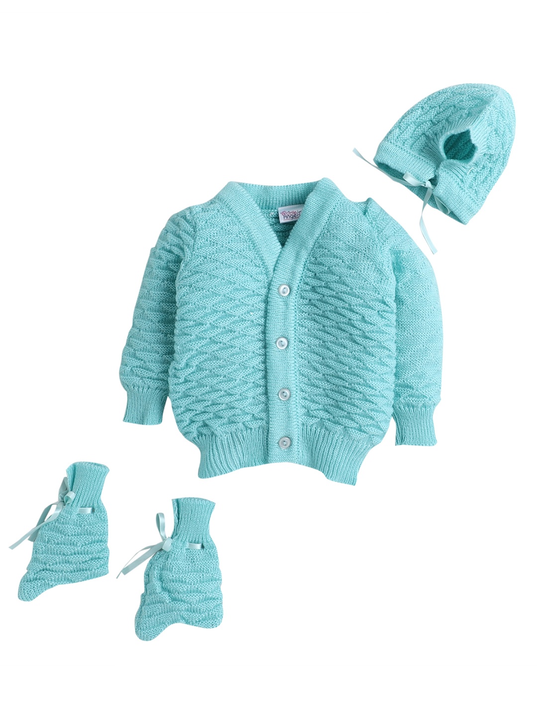 

Little Angels Unisex Kids Sea Green Self Design Front Open Full Sleeves Sweater Set