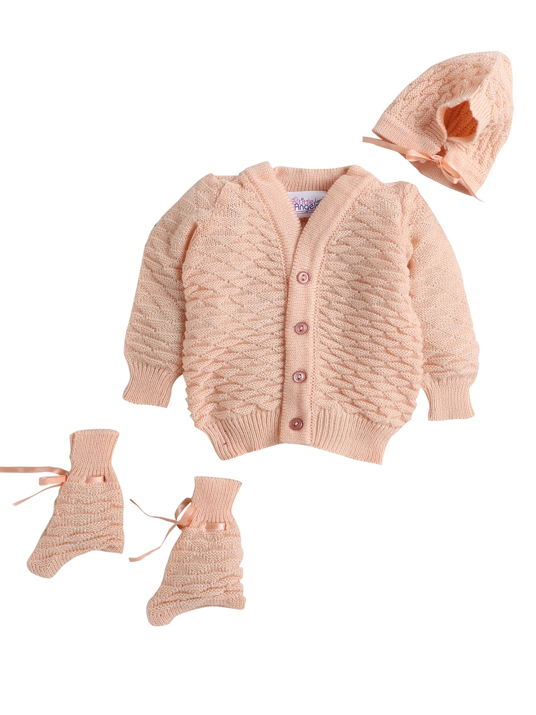 

Little Angels Unisex Kids Peach-Coloured Self Design Cardigan Sweater Set