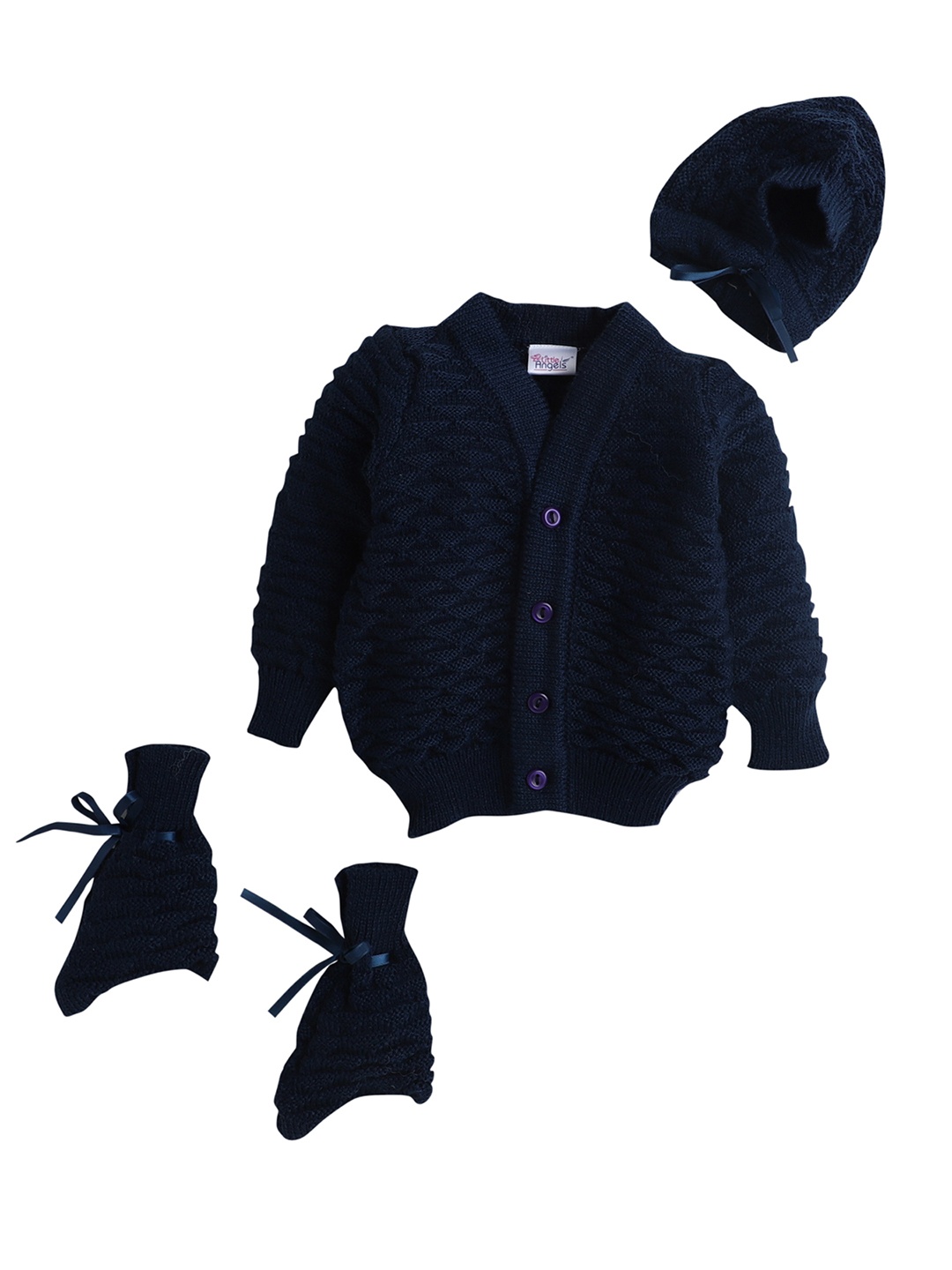 

Little Angels Unisex Kids Navy Blue Self Design Sweater With Socks