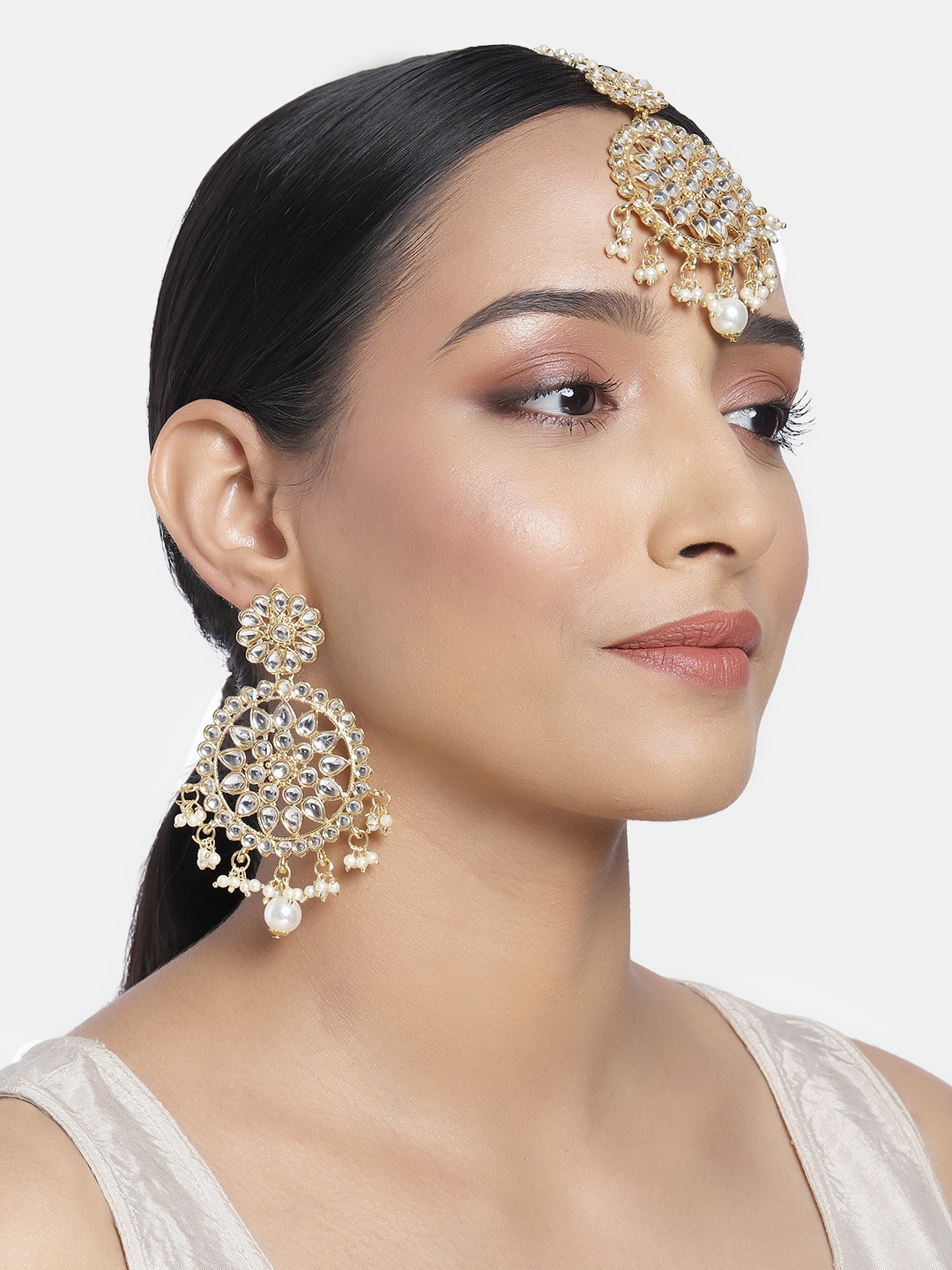 

I Jewels Gold-Plated Kundan Studded Maang Tika & Earring Set