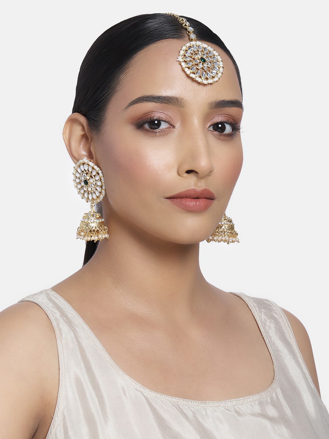 

I Jewels Gold Plated Kundan Handcrafted Jhumka Earrings & Maang Tikka Set
