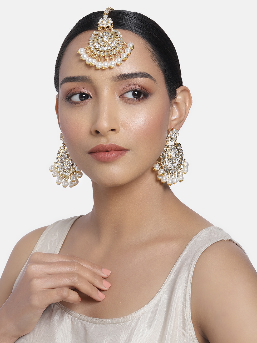 

I Jewels White Gold Plated Kundan Handcrafted Chandbali Earrings & Maang Tikka Set