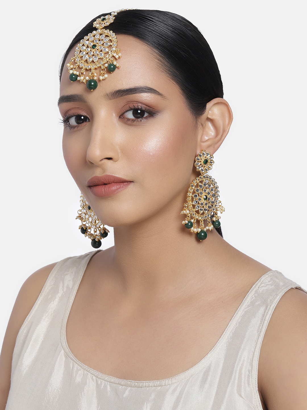 

I Jewels Green Gold Plated Kundan Handcrafted Earrings & Maang Tikka Set