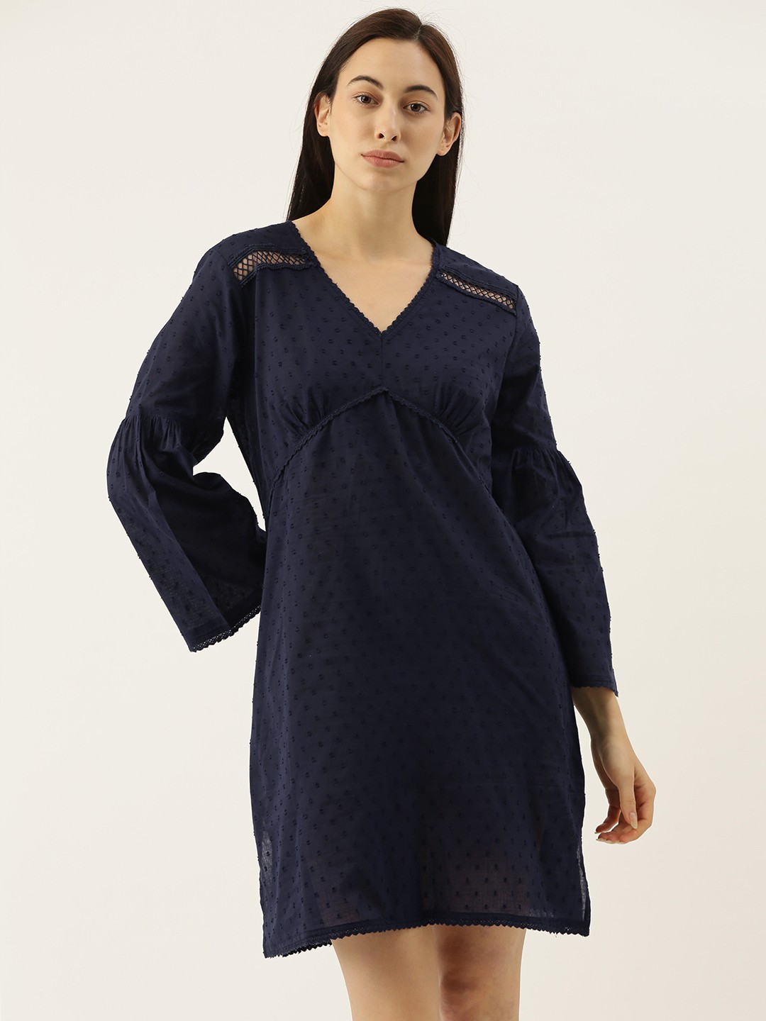 

Slumber Jill Navy Blue Dobby Self Design Bell Sleeves Nightdress with Lace Detailing