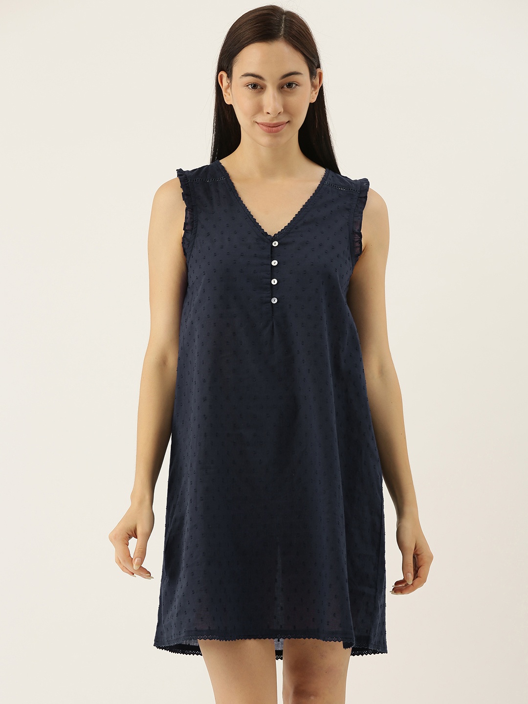 

Slumber Jill Navy Blue Caira Dobby Self Design Pure Cotton Nightdress