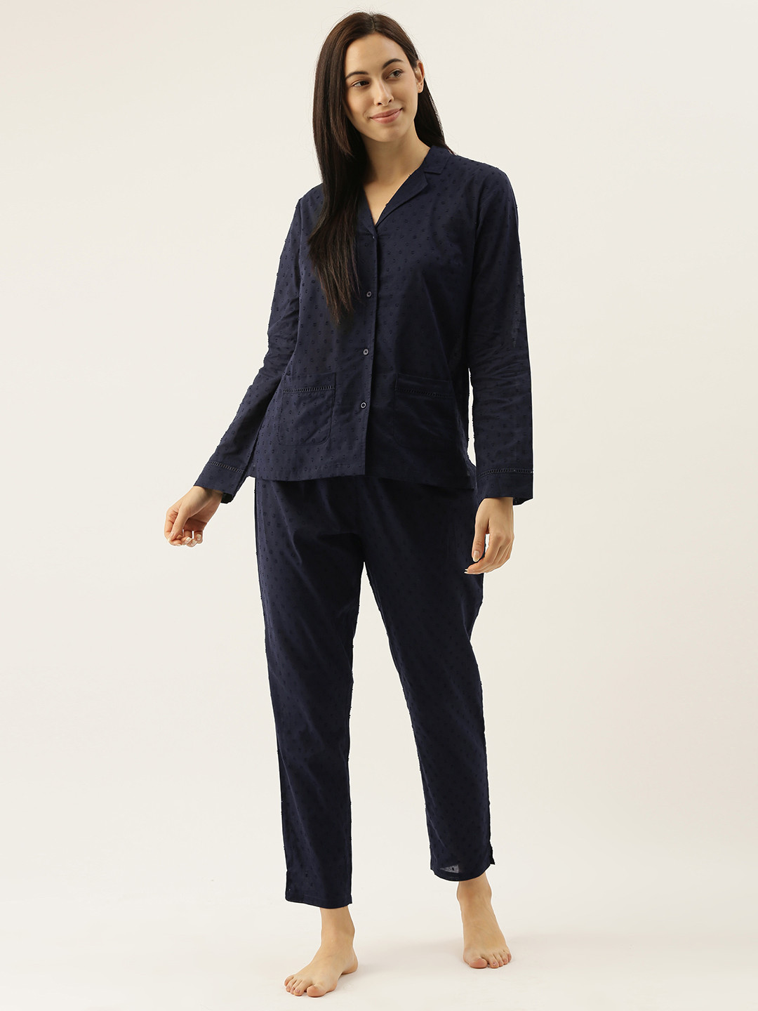 

Slumber Jill Women 2 Pc Navy Blue Dobby Self Design Night suit