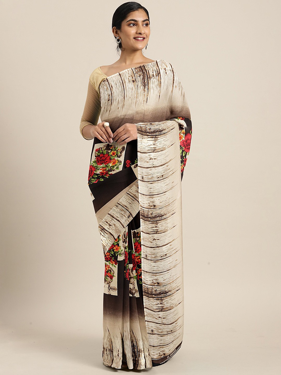 

KALINI Brown & Beige Pure Georgette Printed Saree
