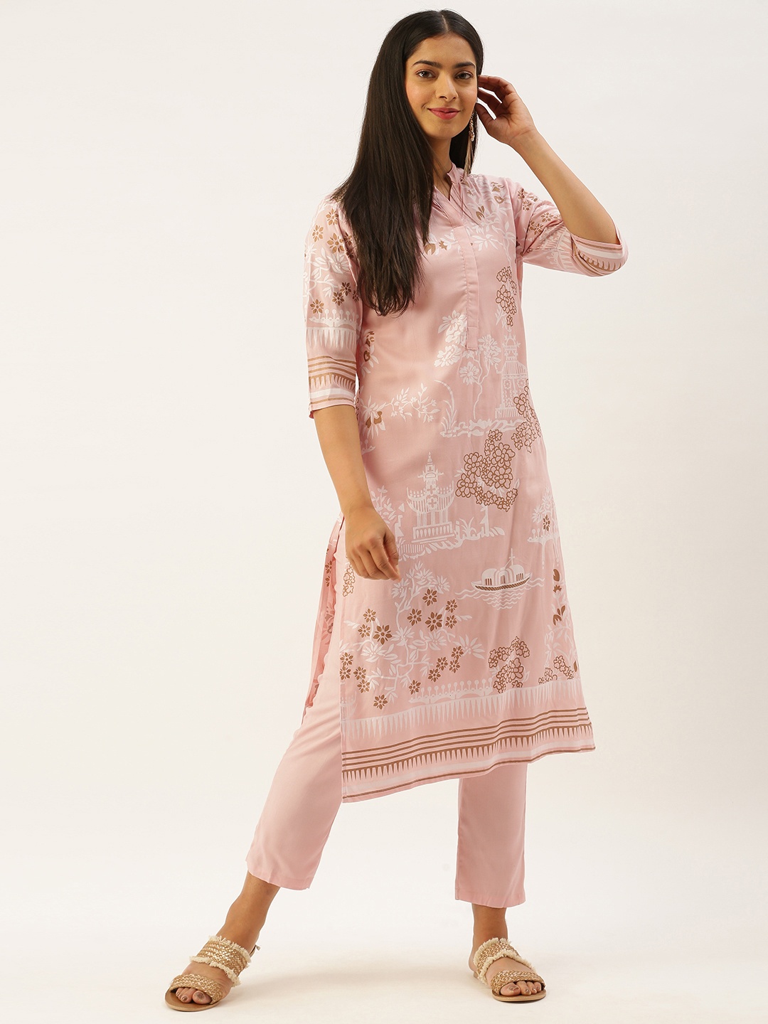 

Instafab Women Pink & White Floral Printed Kurta with Crop Trousers