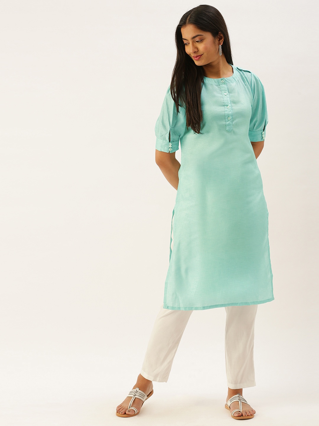 

Instafab Women Turquoise Blue Solid Puff Sleeves Kurta