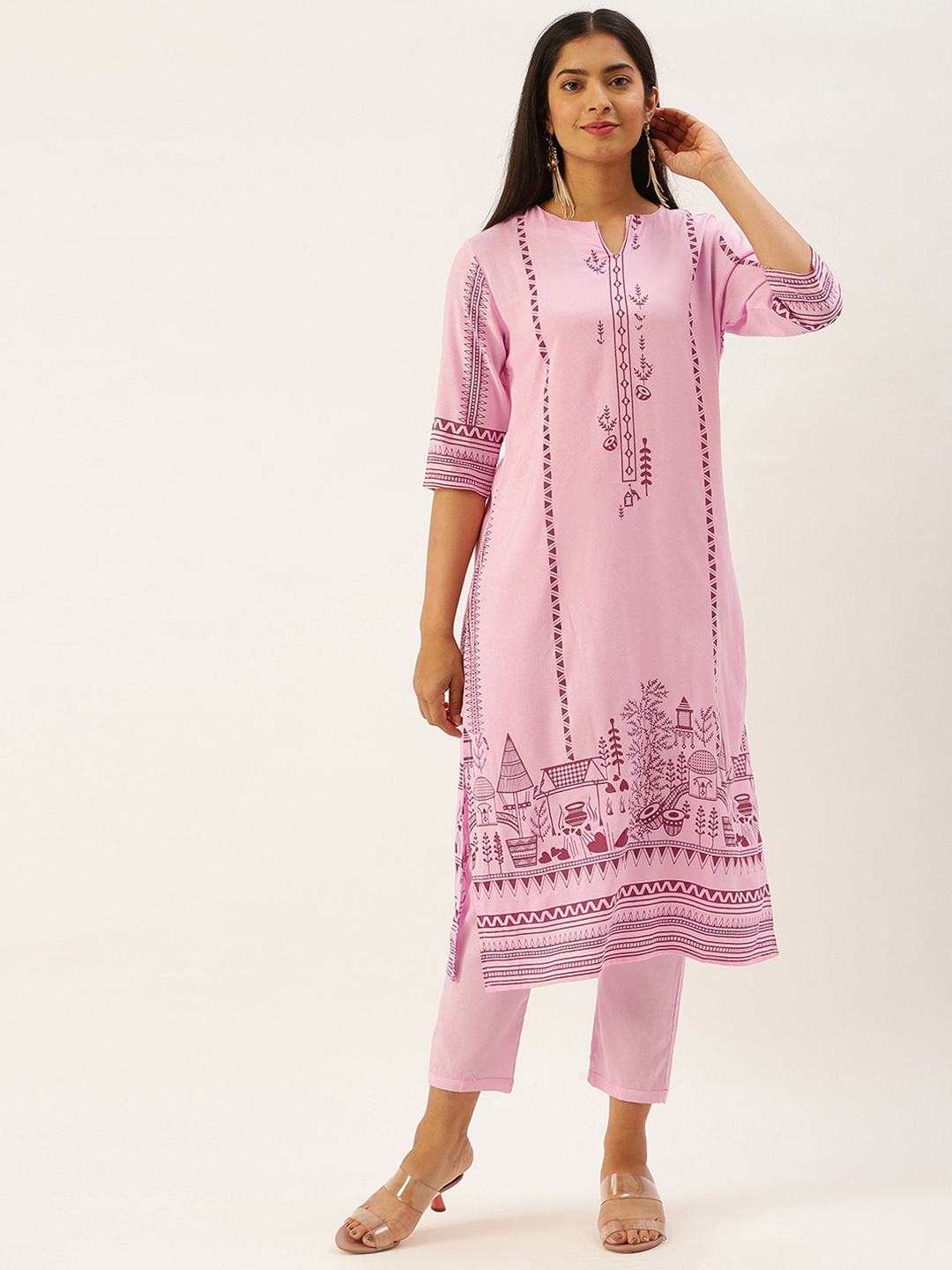 

Instafab Women Pink & Burgundy Ethnic Printed Kurta with Crop Trousers
