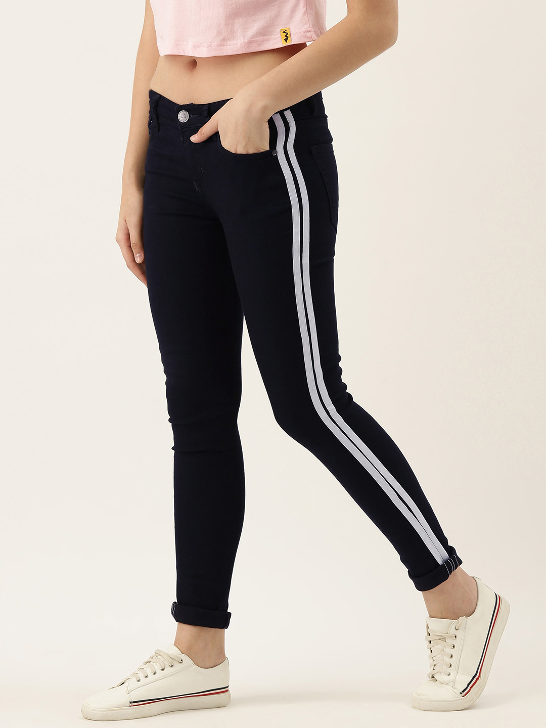

Campus Sutra Women Navy Blue Cotton Slim Fit Mid-Rise Clean Look Jeans with Side Stripe